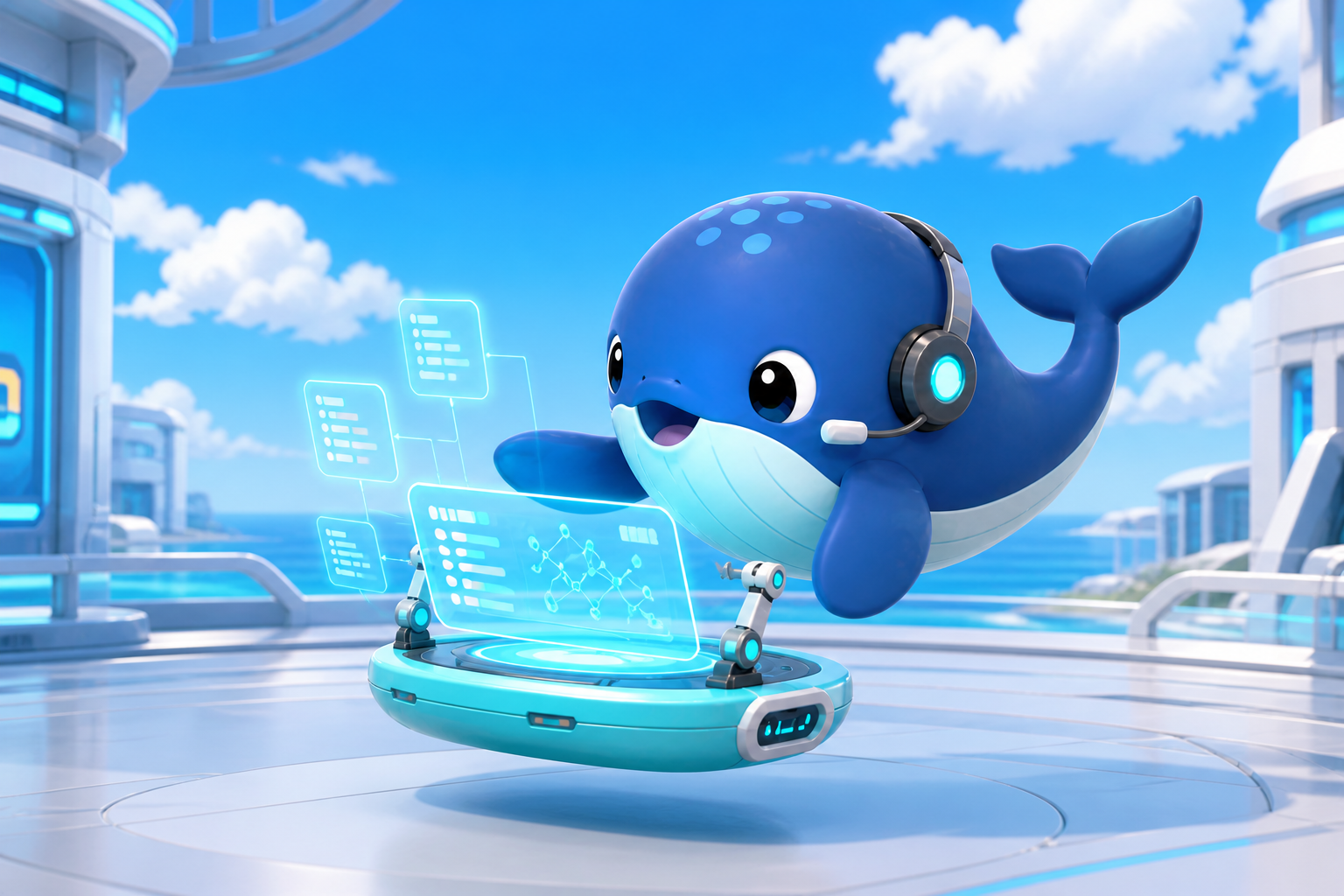 DeepSeek whale agent operating a holographic API console