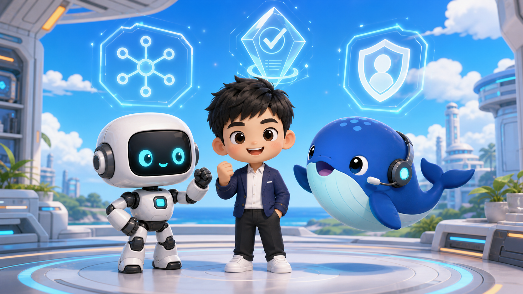 Pengyi, the Codex robot and the DeepSeek whale collaborating in a bright engineering studio